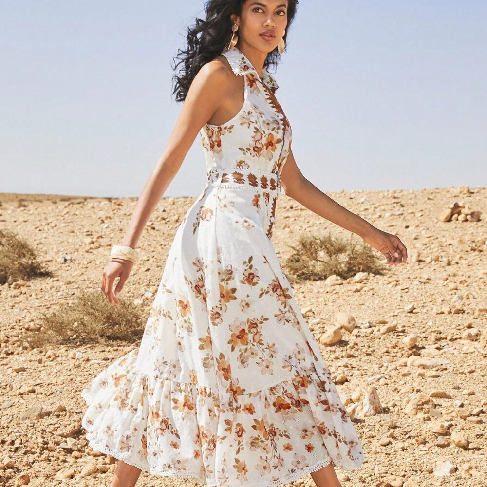 Orange Elegant Women's Sleeveless Floral Print Dress